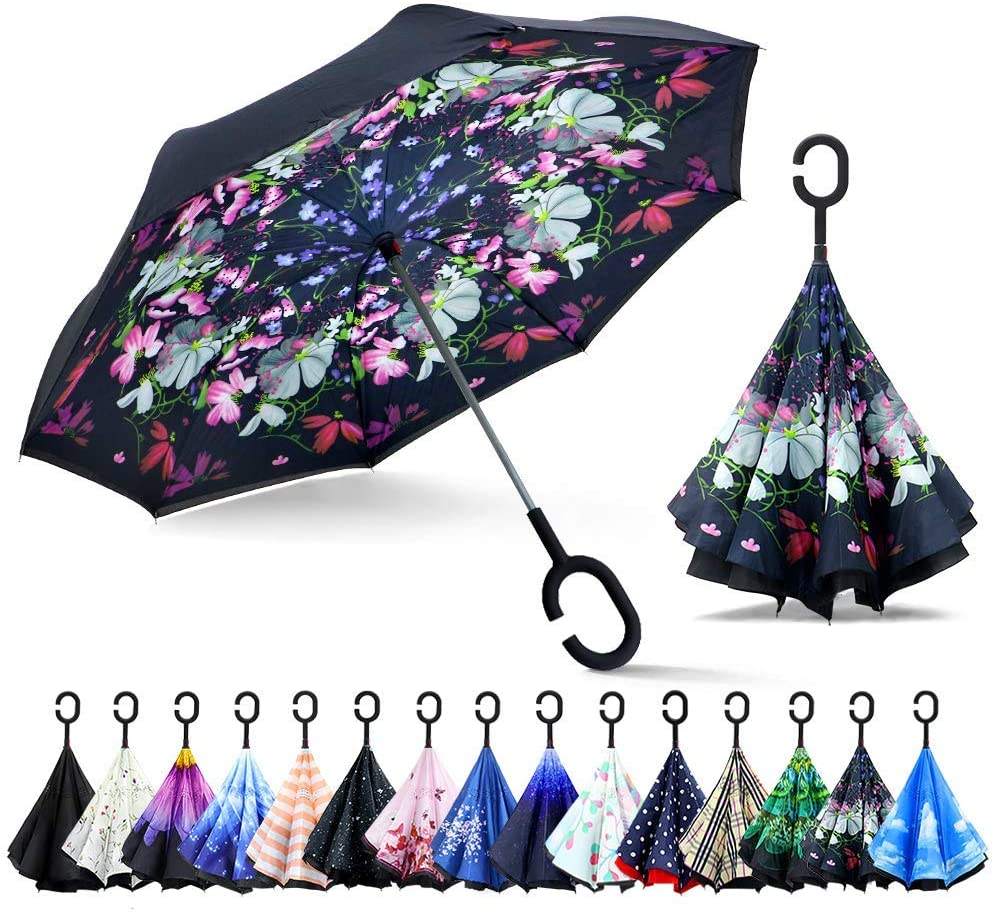 Cheap Wholesale Business Custom Double-Layer Eversion C-Shaped Handle Printing Inverted Buckle Reverse Umbrellas With Logo